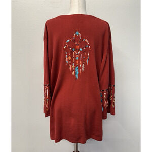 Bob Mackie Embroidered Cardigan Sweater Size 1X Native Aztec Feather Knit Artsy